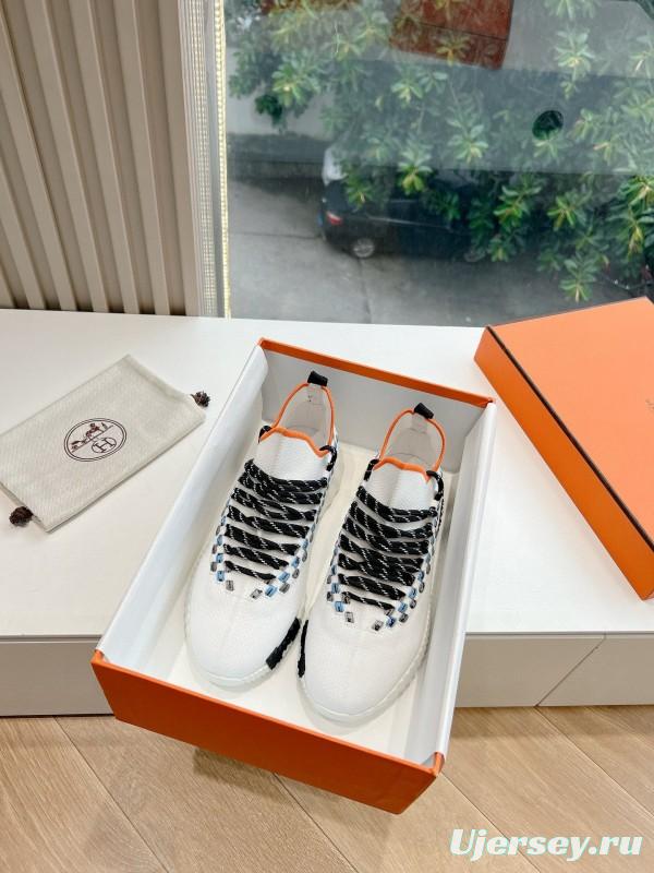 2024 Unisex Hermès White Black Orange Calf Suede Sneakers MJ00290