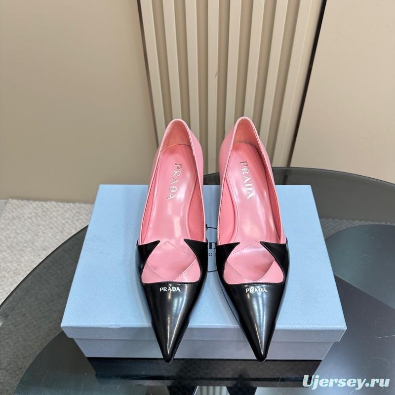 2025 Women Prada Pink Black Leather Pointed Toe Low Heel KFY00310