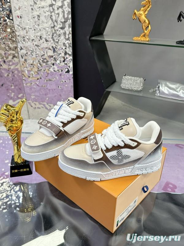 2024 Unisex Louis Vuitton White Brown Leather Mesh Plimsolls Waxed Vintage MJ00500