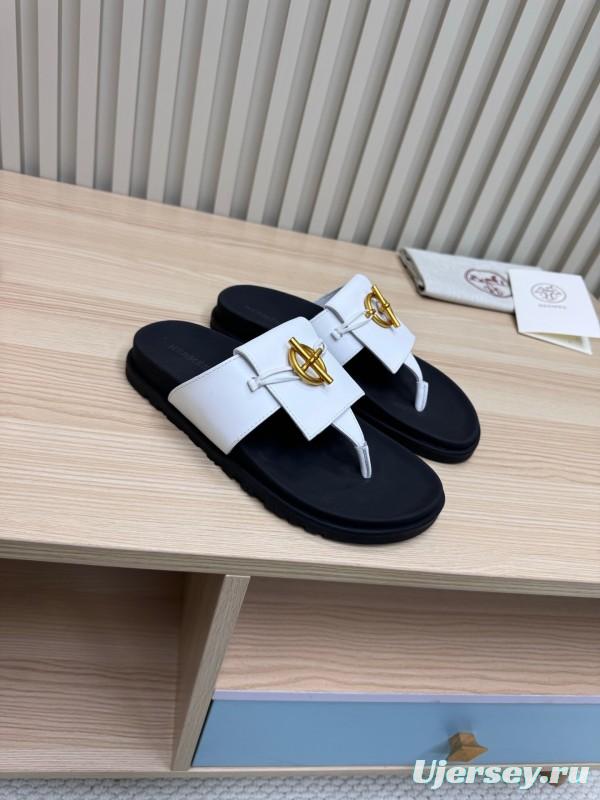 2025 Slippers Hermès White Black Leather Slippers