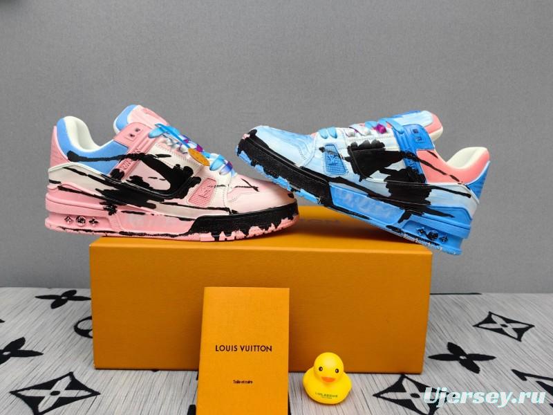 2025 Unisex Louis Vuitton Pink Blue Leather Canvas Plimsolls Hand Painted KFY00620