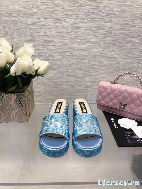 2025 Women Chanel Blue Fabric Platform Slippers LY00320