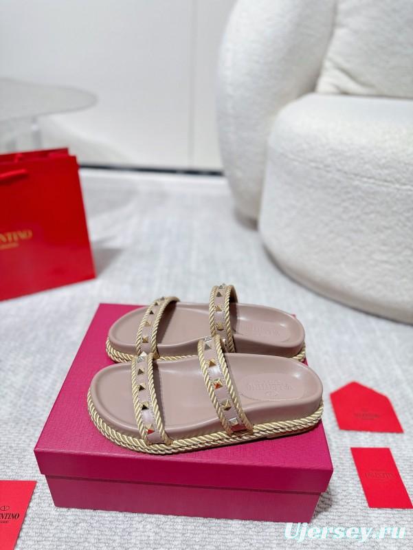 2025 Women Valentino Beige Leather Slippers