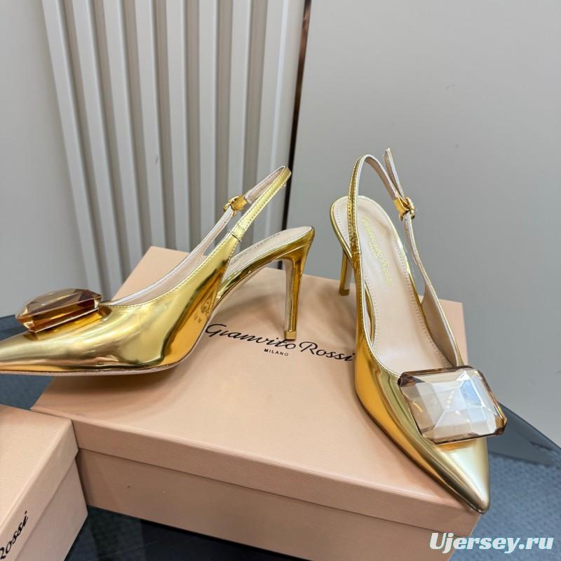 2025 Women Gianvito Rossi Gold Leather Slingback Gemstone KFY00300