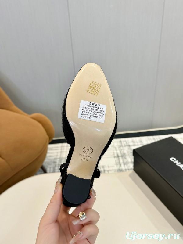 2025 Women Chanel Black Wool Leather Pumps LY00270