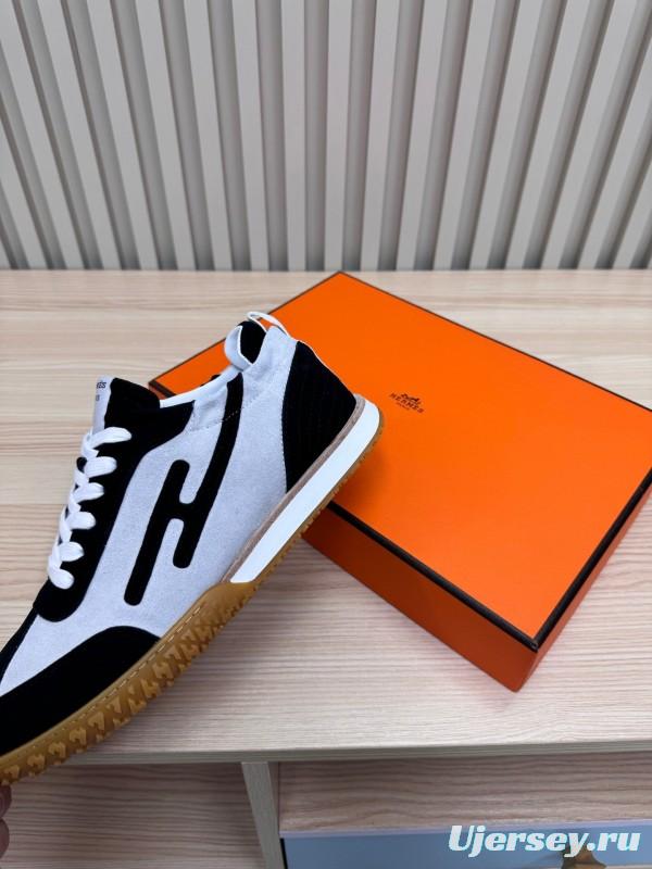 2025 Unisex Hermès Black White Suede Goat Leather Sneakers Top Version LY00310