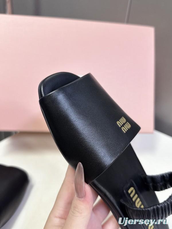 2025 Slippers Miu Miu Black Leather Slippers LY00