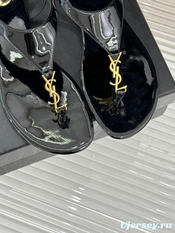 2025 Women Yves Saint Laurent Black Patent Leather Thong Sandals