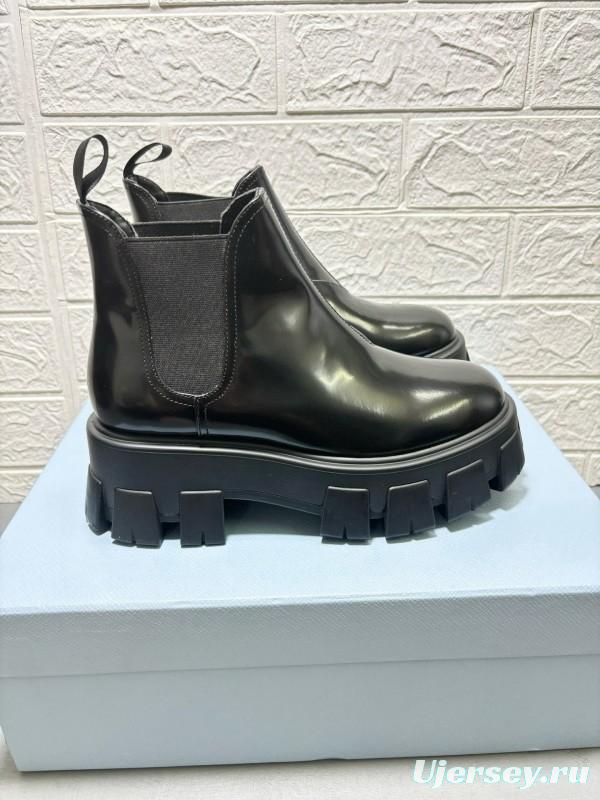 2024 Women Prada Black Leather Chelsea Boots MJ00360