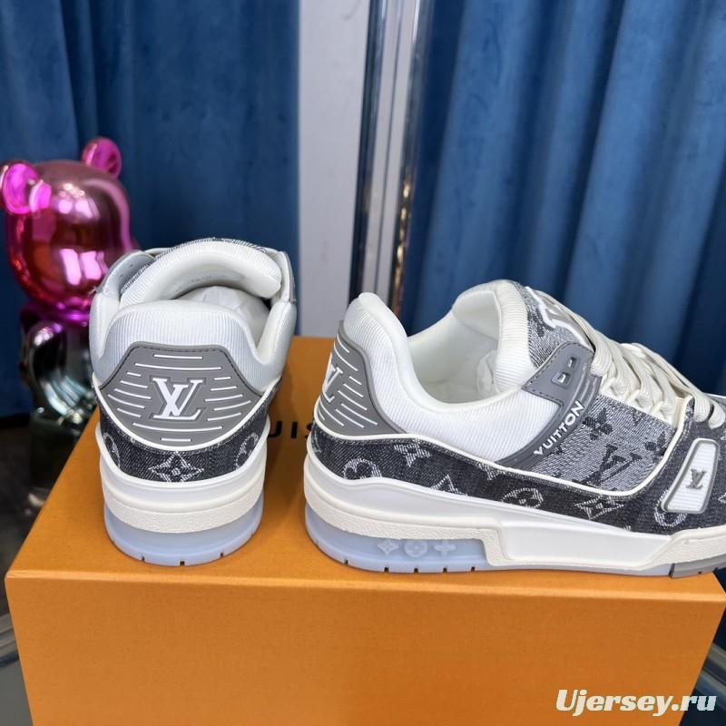 2025 Unisex Louis Vuitton Grey White Fabric Leather Sneakers