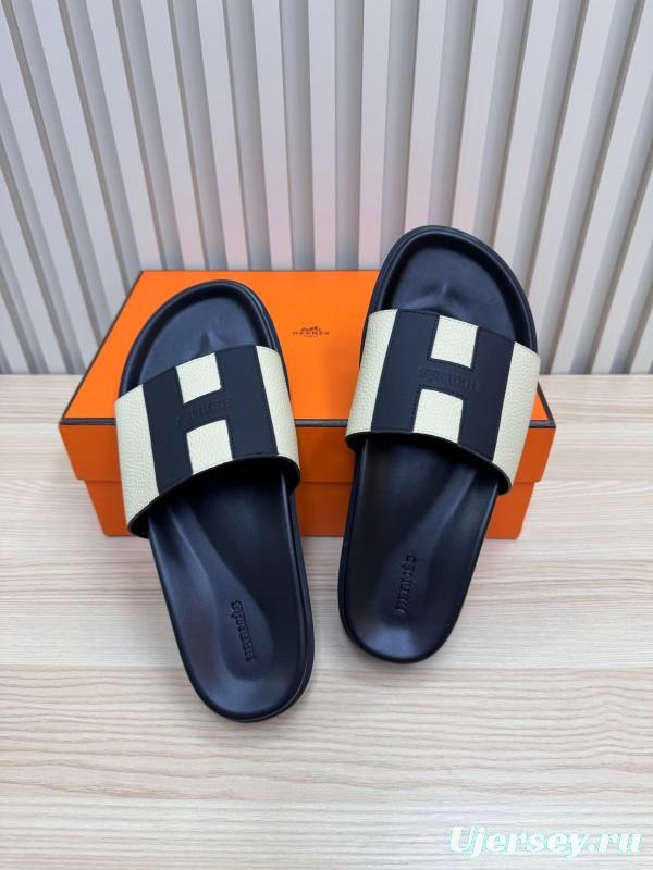 2025 Slippers Hermès Black Beige Leather Slides
