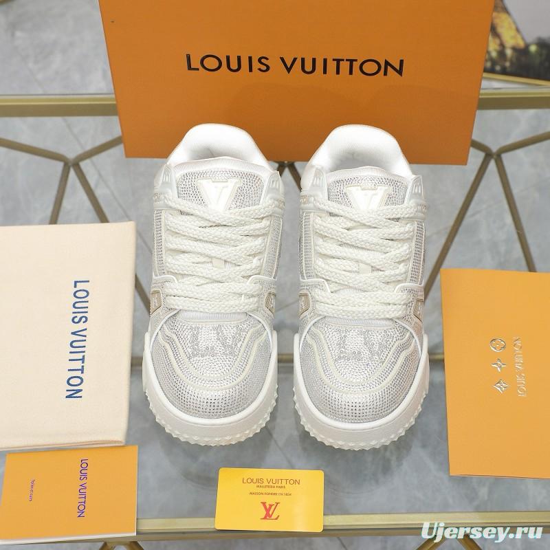 2024 Unisex Louis Vuitton White Crystal Trainer Leather Plimsolls High Temperature Pressing MJ00430