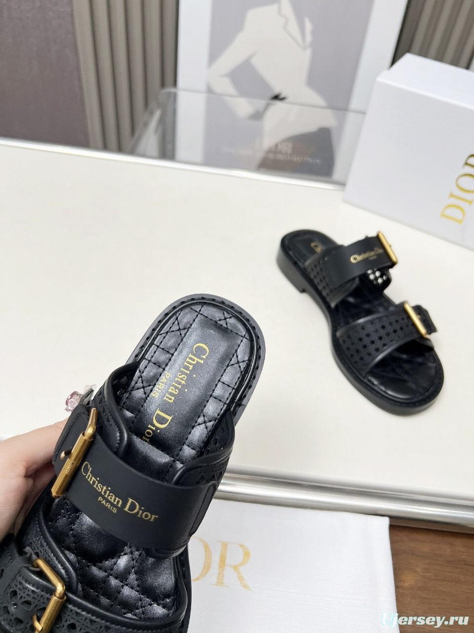 2025 Women Dior Black Leather Slippers