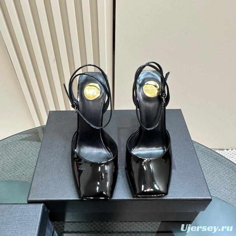 2025 Women Yves Saint Laurent Black Patent Leather High Heel Sandals