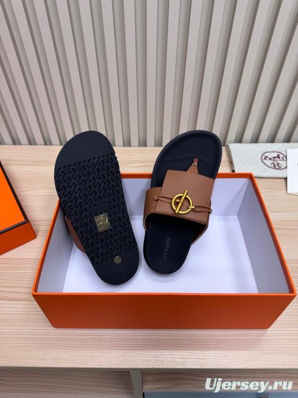 2025 Slippers Hermès Brown Black Leather Slippers