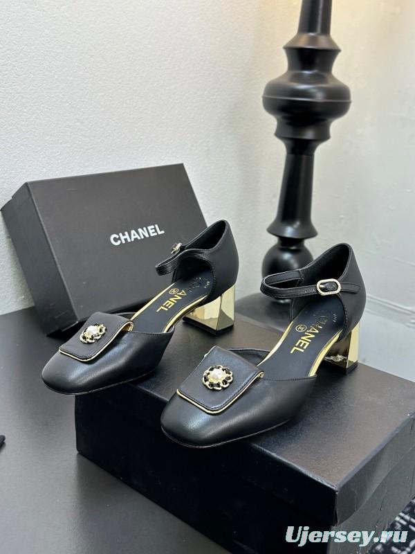 2025 Women CHANEL Black Leather Block Heel Metal Accent LY00360