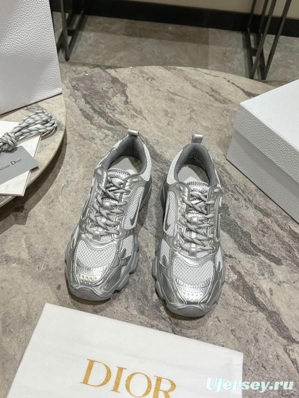 2025 Women Dior Silver Mesh Leather Sneakers