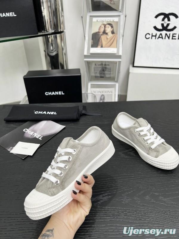 2025 Women Chanel Grey Canvas Leather Casual Sneakers LY00230