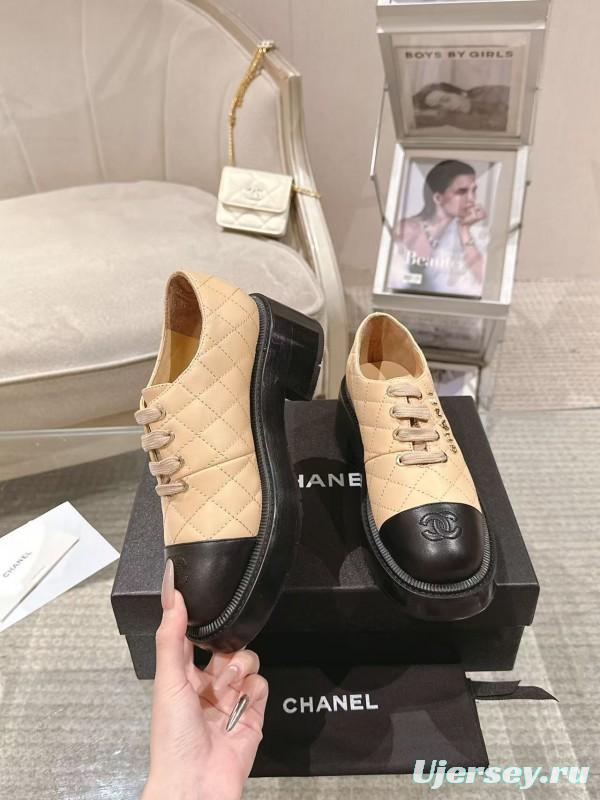 2025 Women Chanel Beige Black Leather Platform Oxford B2099