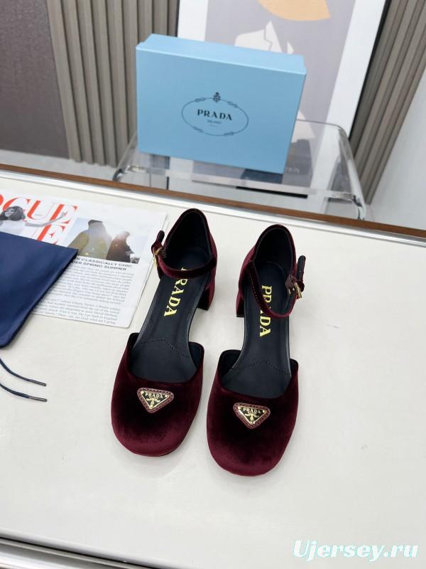 2025 Women Prada Burgundy Velvet Mary Jane Buckle KFY00270