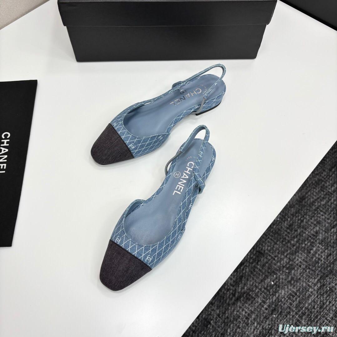 2025 Women Chanel Blue Black Denim Leather Slingback LY00240