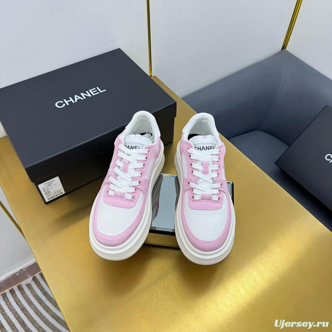 2025 Women Chanel Pink White Leather Suede Platform Sneakers