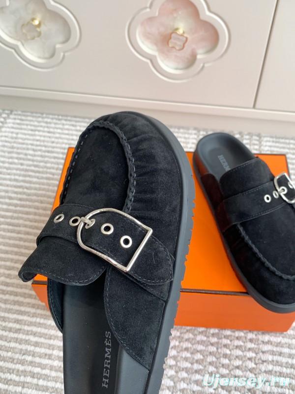 2025 Women Hermès Black Suede Mule Shoes Buckle KFY00290