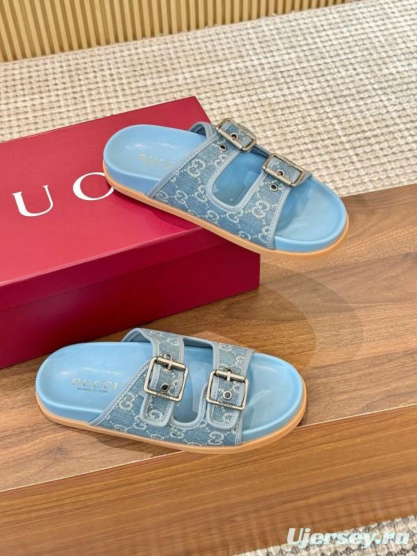 2025 Women Gucci Light Blue Canvas Leather Sandals