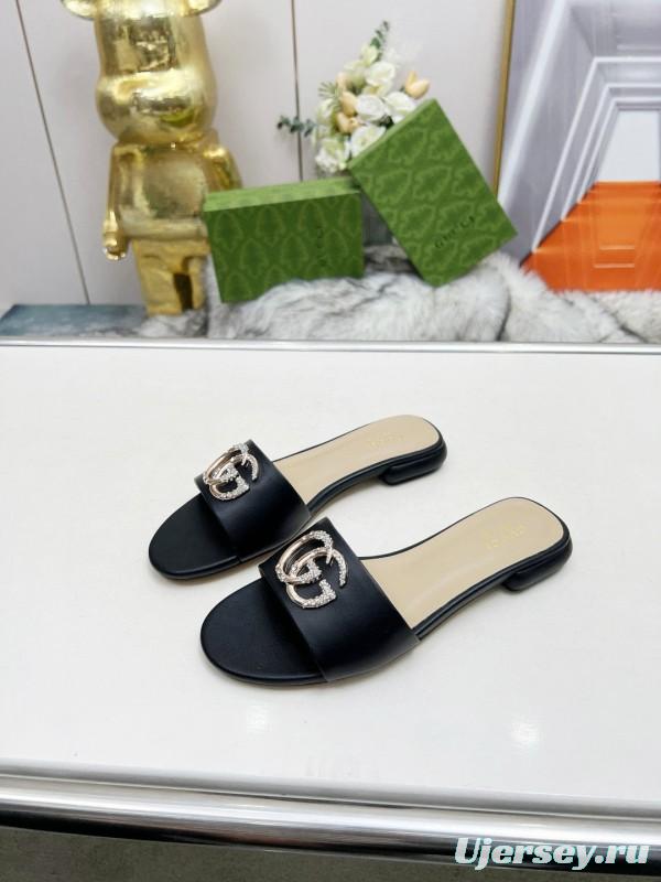 2025 Gucci Black Leather Slippers Double G Buckle MJ00190