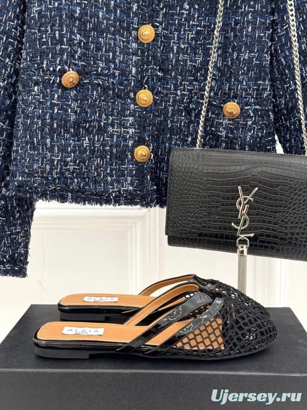 2025 Women AlAIA Black Leather Mesh Flat Mule KFY00260