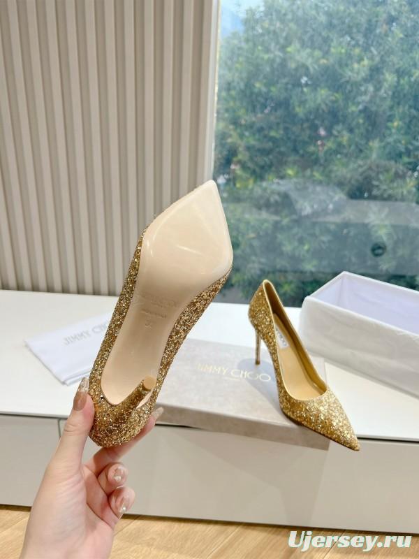 2025 Women Jimmy Choo Gold Crystal Leather Heels KFY00280