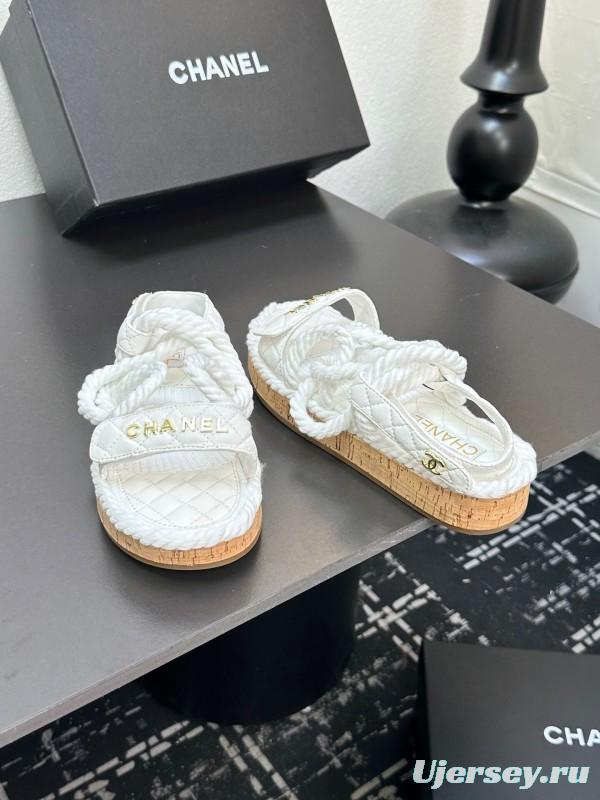 2025 Women Chanel White Leather Roped Espadrille Sandals LY00260
