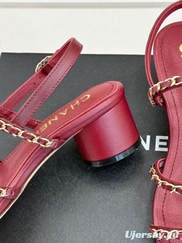 2025 Women Chanel Red Leather Chain Strap Sandals KFY00270