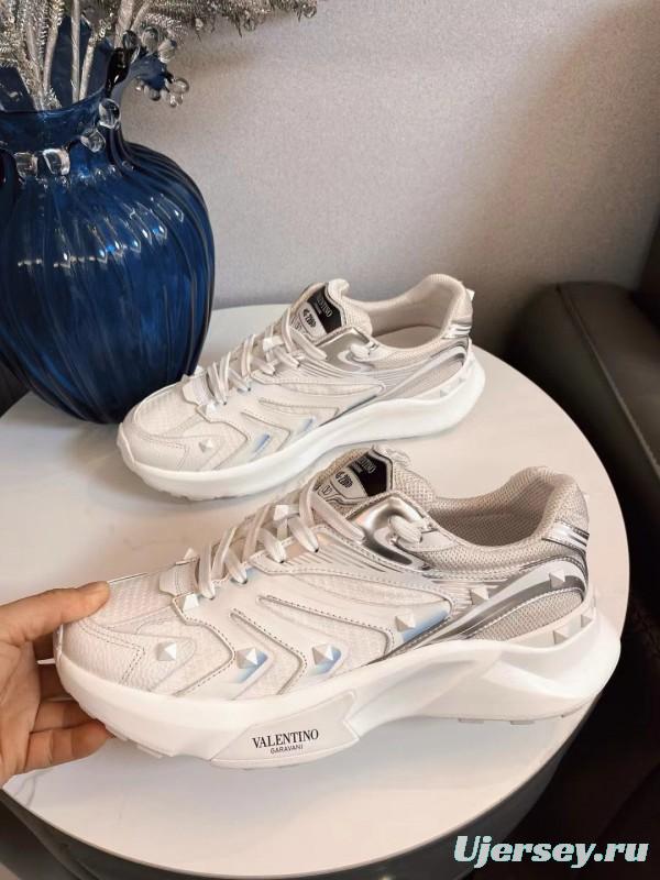 2024 Unisex Valentino White Silver Mesh Leather Sneakers MJ00410