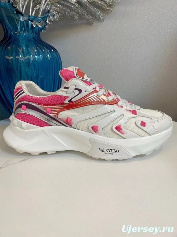 2024 Unisex Valentino White Pink Mesh Leather Sneakers MJ00410