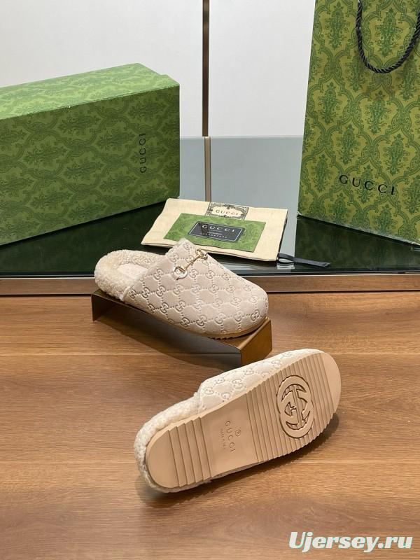 2024 Slippers Gucci Beige Shearling GG Embroidery