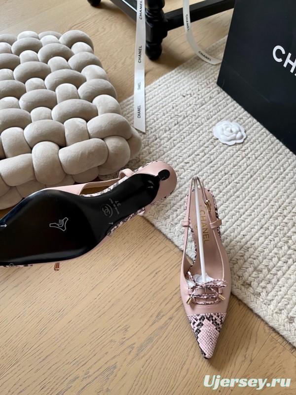 2025 Women Chanel Pink Python Leather Bow High Heels KFY00320