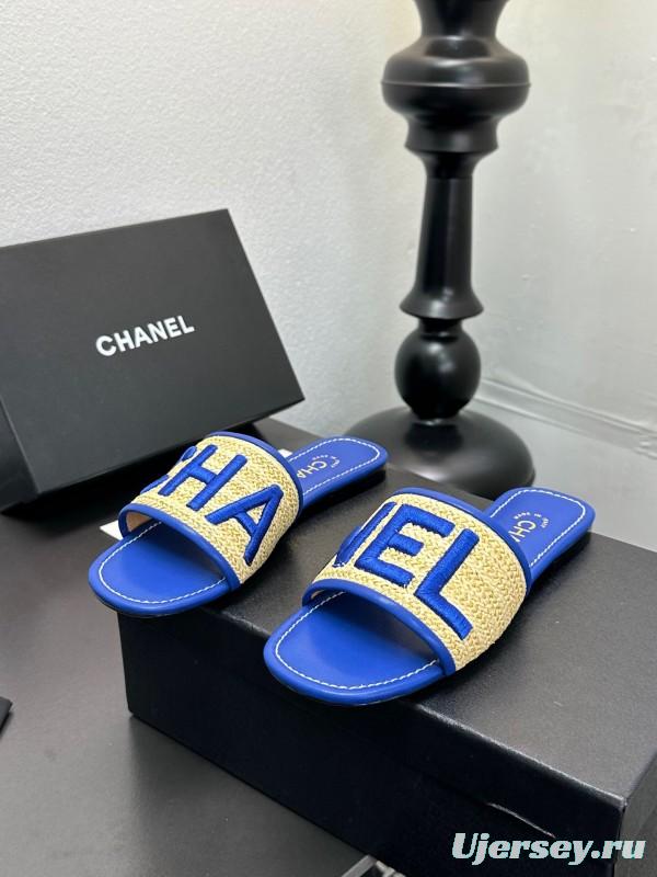 2025 Women CHANEL Blue Beige Canvas Slippers