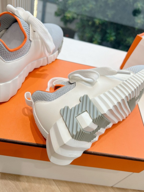 2024 Unisex Hermès Gray White Orange Calf Leather Suede Knit Sneakers MJ00290