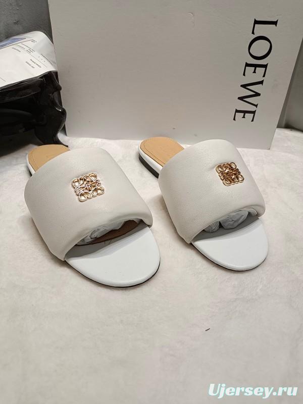 2025 Women Loewe White Leather Slippers LY00260