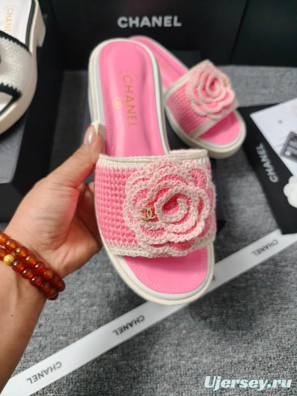 2025 Slippers Chanel Pink Straw Slide Floral LY00360