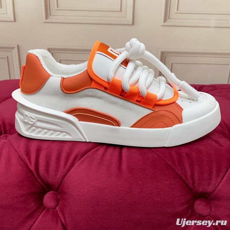 2025 Unisex Dolce & Gabbana Orange White Mesh Leather Sneakers