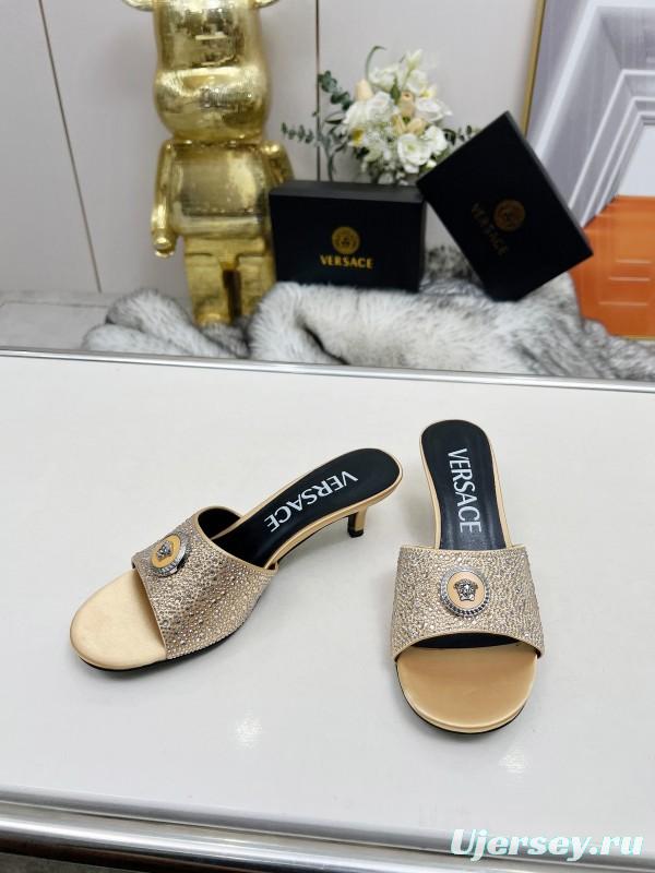 2025 Women VERSACE Gold Silk Rhinestone Heeled Sandals