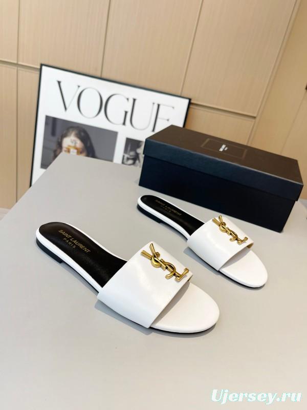 2025 Women Yves Saint Laurent White Leather Slippers LY00180
