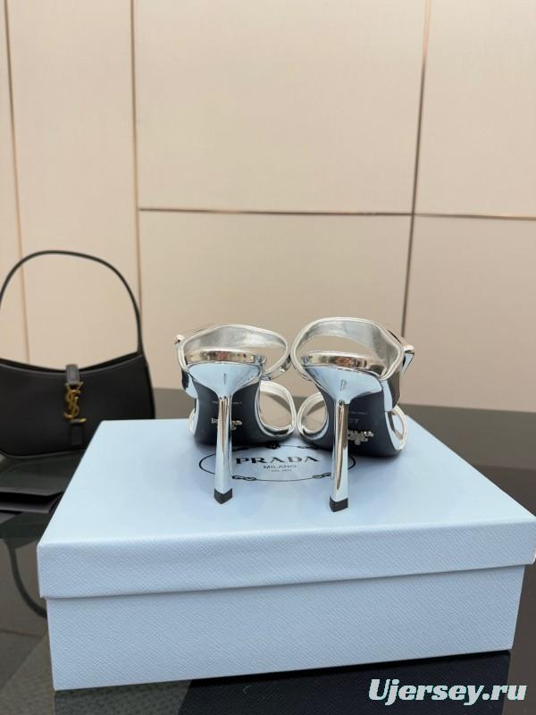 2025 Women Prada Silver Leather Pointed Toe Sandals