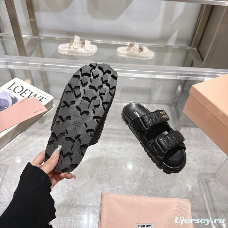 2025 Women Miu Miu Black Leather Slide Sandals