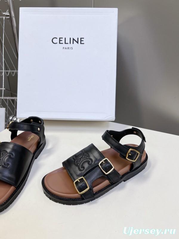 2025 Women Celine Black Leather Sandals Buckle KFY00280