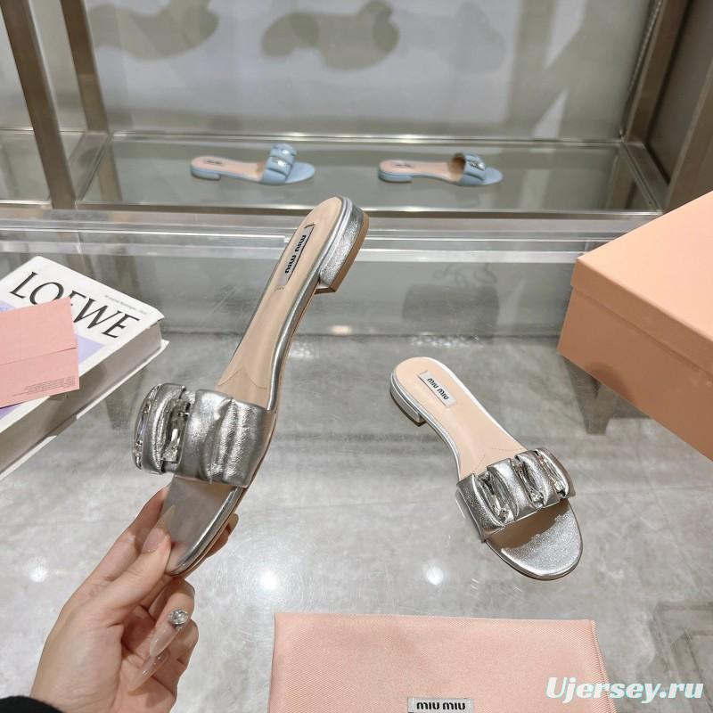 2025 Women Miumiu Silver Metallic Leather Slippers