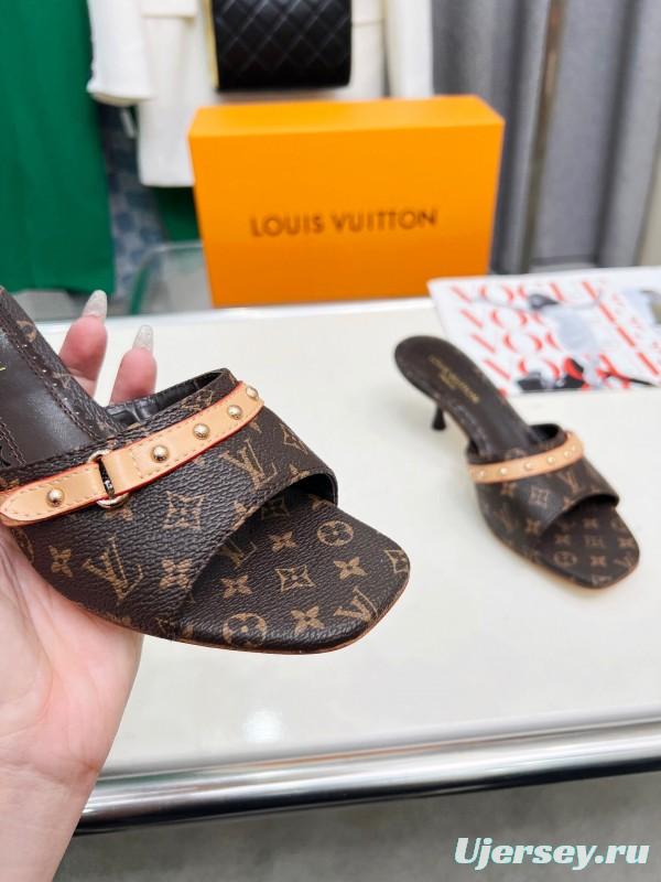 2025 Women Louis Vuitton Brown Leather Kitten Heel Mules LY00260