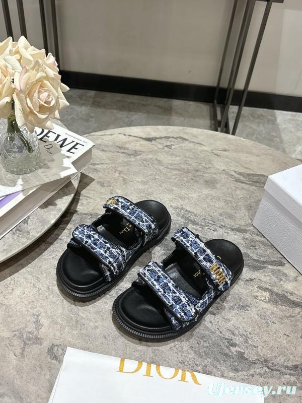 2025 Women Dior Black Blue Fabric Sandals KFY00300